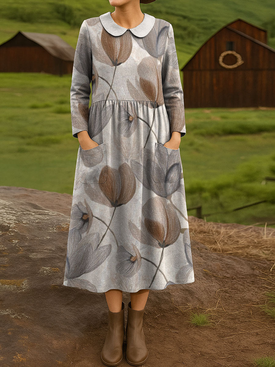 Vintage elegant floral decorative pattern Peter pan Collar Casual Dress