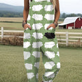 Women's  Funny Sheep Art Print Casual 100% Cotton Wide Leg Jumpsuit