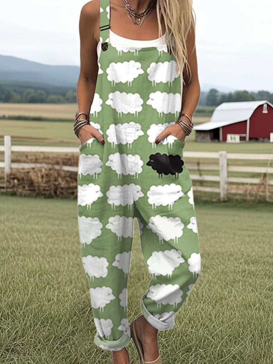 Women's  Funny Sheep Art Print Casual 100% Cotton Wide Leg Jumpsuit