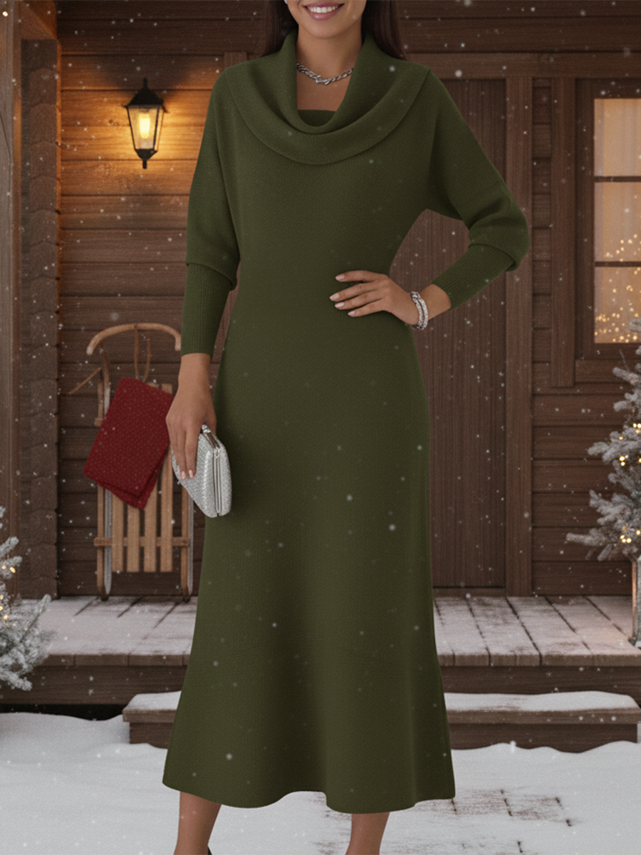 Women's Elegant Draped Collar Knitted Fishtail Midi Dress