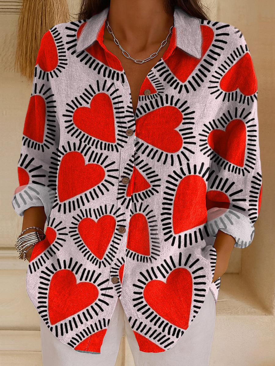 Women's Love Hearts And Dotted Lines Print Casual Cotton Shirt
