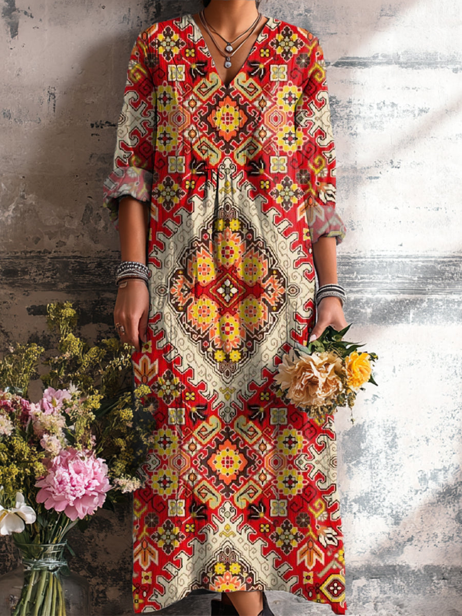 Women's Ethnic Diamond Geometric Floral Painting Art Print Dress