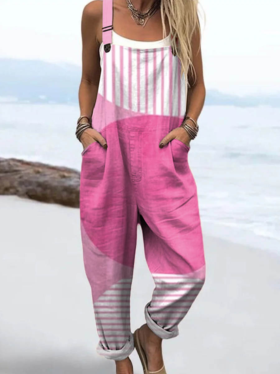 Women's Abstract Geometric Pattern Art Print Casual 100% Cotton Wide Leg Jumpsuit