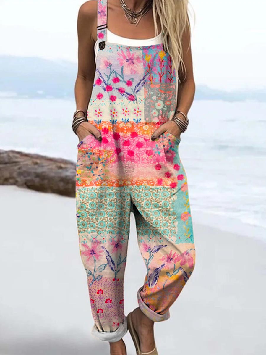 Women's Vintage Floral Art Print Casual 100% Cotton Wide Leg Jumpsuit
