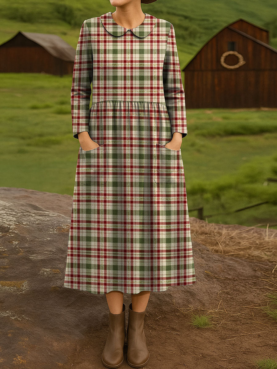 Women's Christmas Plaid Vintage Print Cotton Lapel Button-Down Shirt Dress