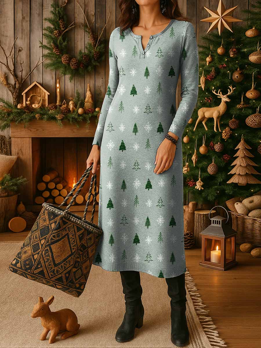 Women's Christmas Print Crew Neck Long Sleeve Casual Loose Knit Dress