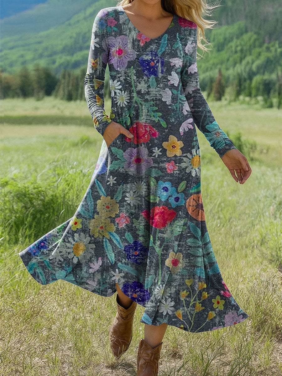 Women's Boho Floral Print Art Print Long-sleeved Dress