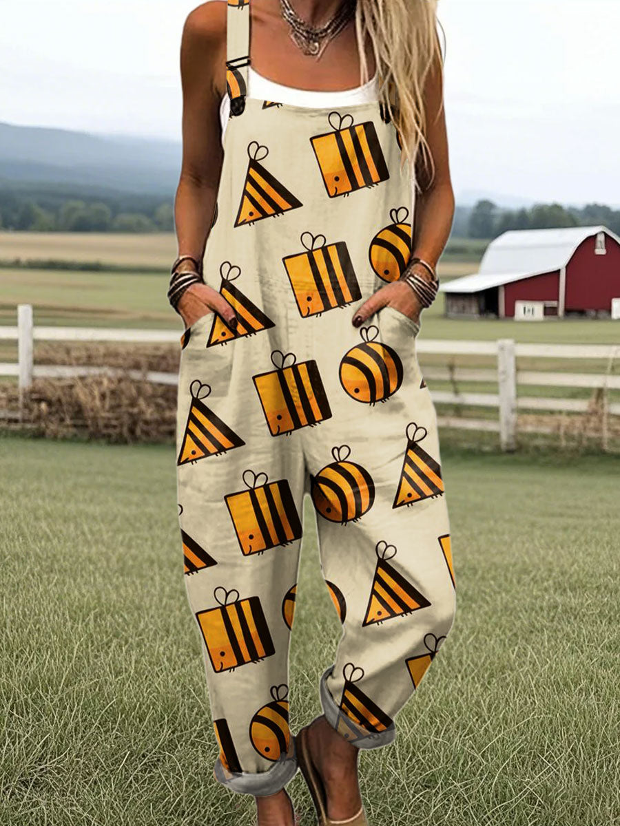 Women's Funny Bee Art Print Casual 100% Cotton Wide Leg Jumpsuit