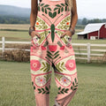 Women's Lovely Butterfly Floral Art Print Casual 100% Cotton Wide Leg Jumpsuit