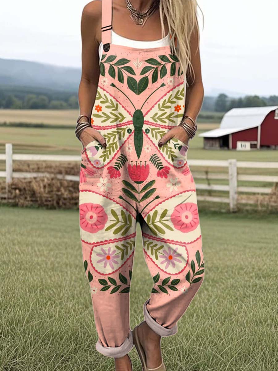 Women's Lovely Butterfly Floral Art Print Casual 100% Cotton Wide Leg Jumpsuit