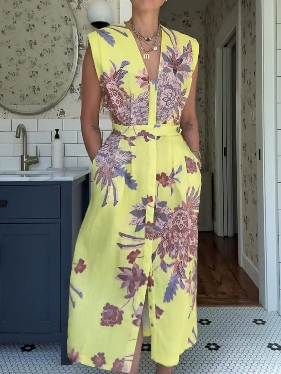 Floral Print Pleated Cotton and Linen Midi Dress