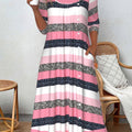 Pink Patchwork Striped A Line 3/4 Sleeve Dress