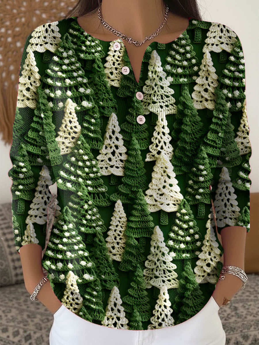 Women's Christmas Tree Art Print Buttoned Cardigan Sweater