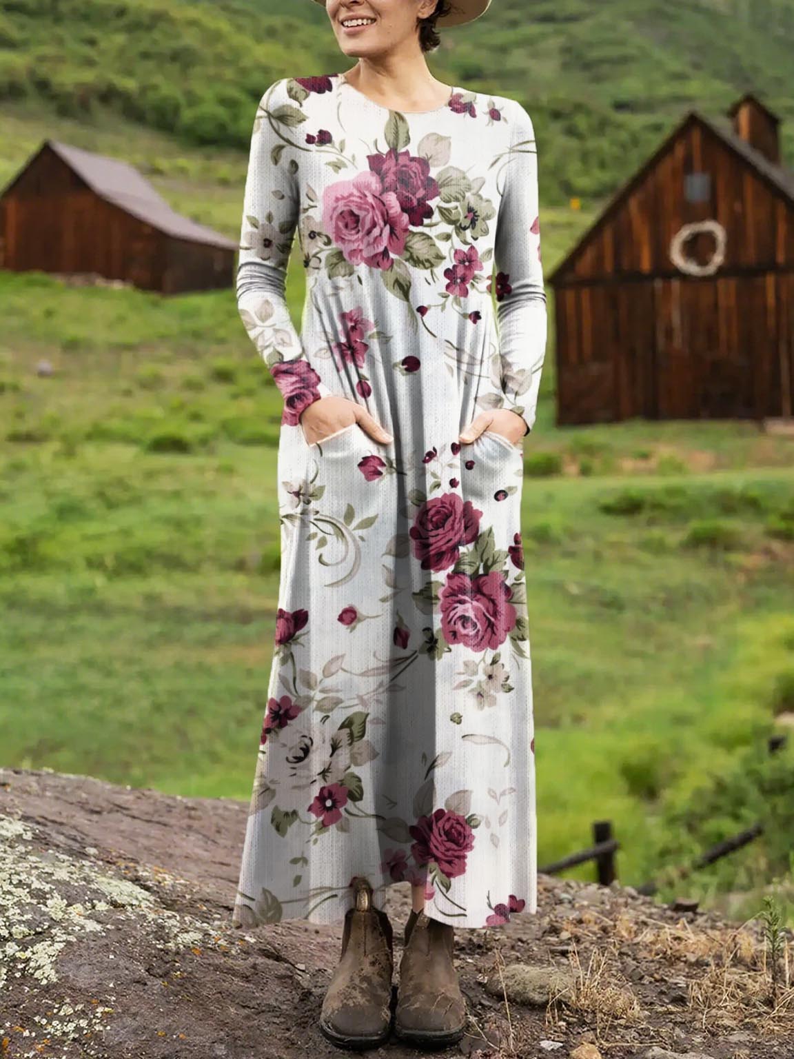 Women's Retro Floral Art Print Long-sleeved Dress