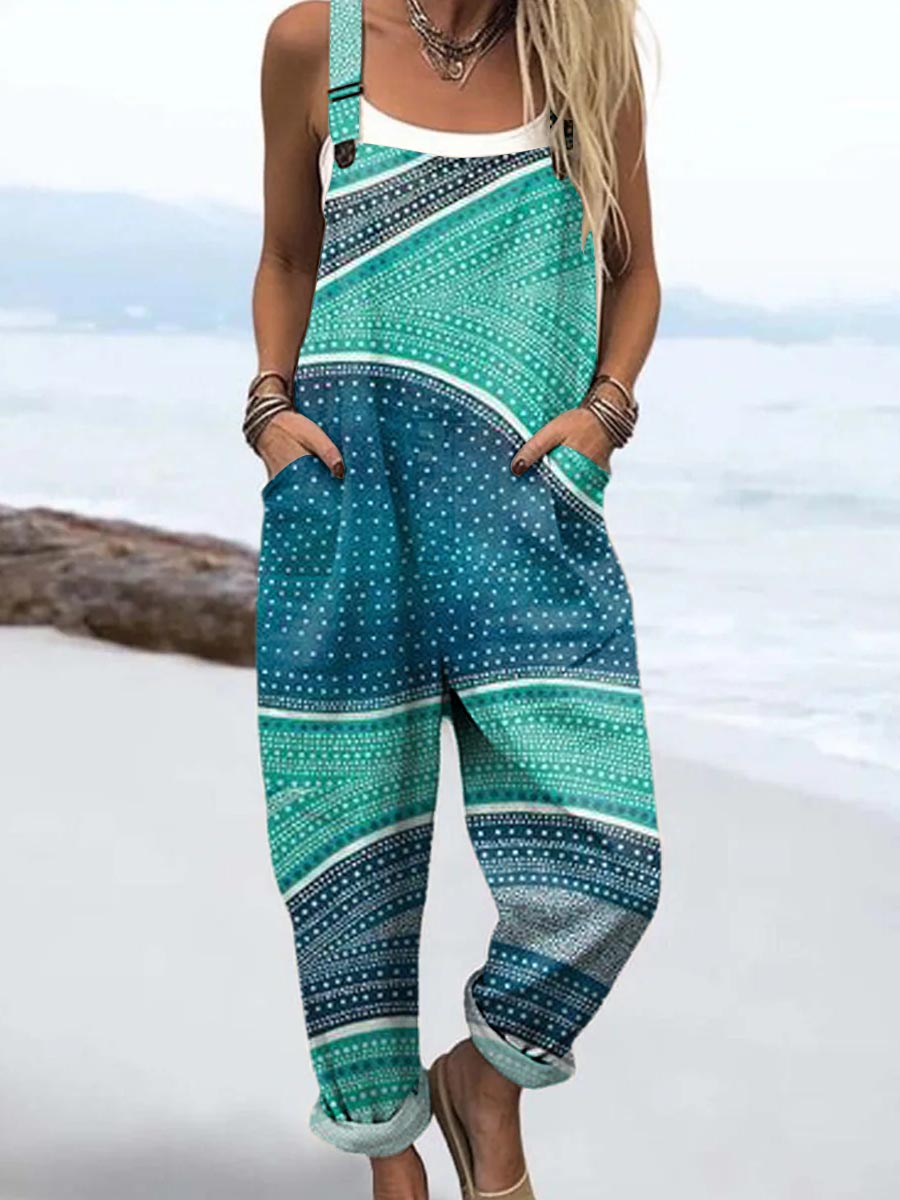 Women's Abstract Line Pattern Art Print Casual 100% Cotton Wide Leg Jumpsuit