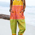 Women's Vintage Abstract Geometric Line Art Print Casual 100% Cotton Wide Leg Jumpsuit