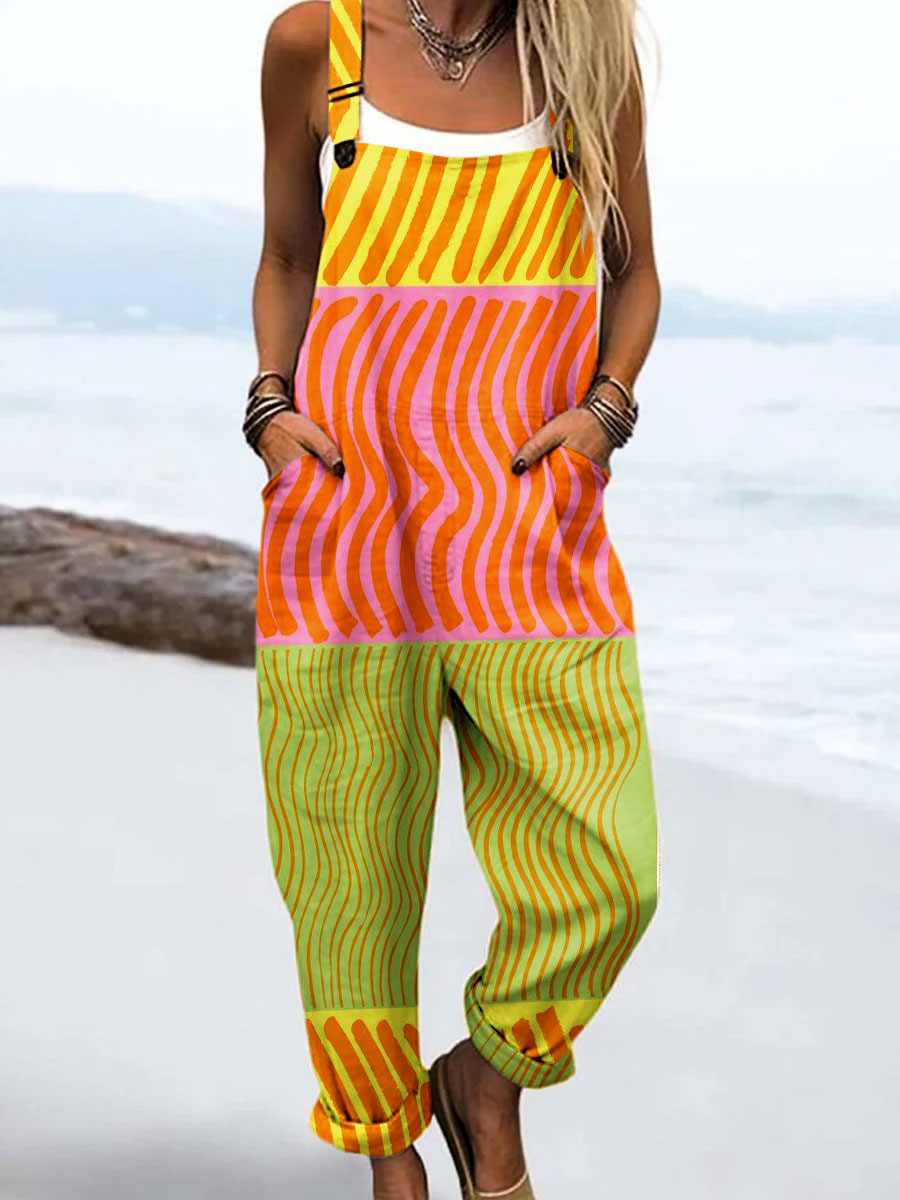 Women's Vintage Abstract Geometric Line Art Print Casual 100% Cotton Wide Leg Jumpsuit