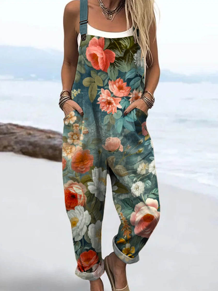 Women's Vintage Floral Pattern Art Print Casual 100% Cotton Wide Leg Jumpsuit