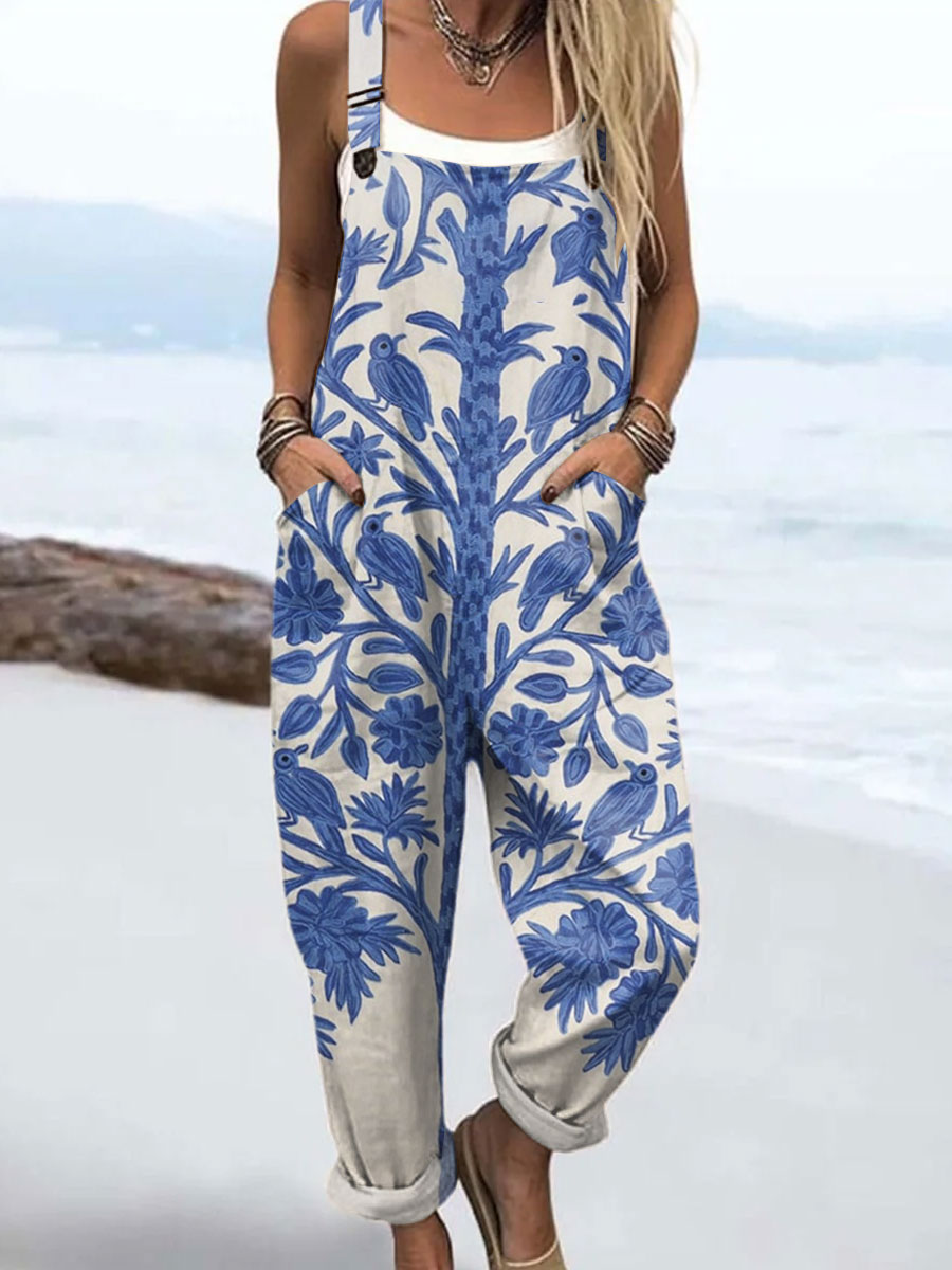 Women's  Vintage Flowers Art Print Casual 100% Cotton Wide Leg Jumpsuit