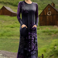 Autumn and Winter Retro Dark Purple Flower Print Stretch Dress