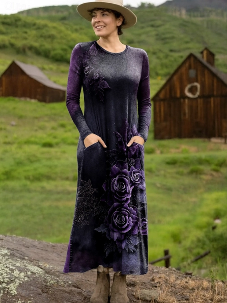 Autumn and Winter Retro Dark Purple Flower Print Stretch Dress