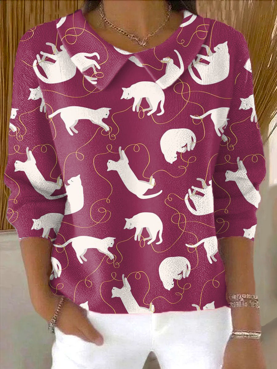 womens-lines-and-cats-art-print-casual-peter-pan-collar-3-4-sleeve-sweater