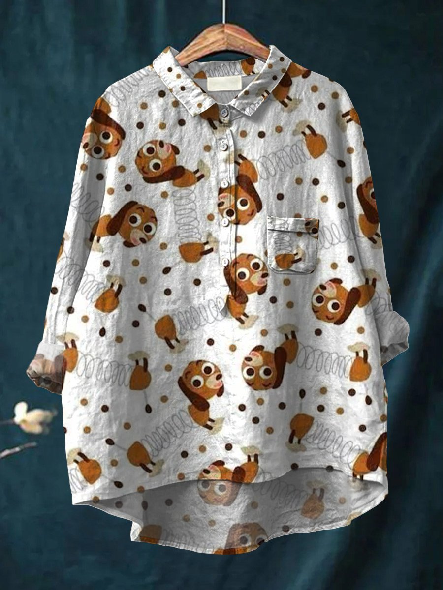Women's Dachshund Art Print Casual Cotton And Linen Shirt