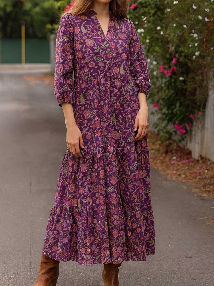 Women's Retro Print V-Neck 3/4 Sleeve Casual Loose A-Line Cotton Dress