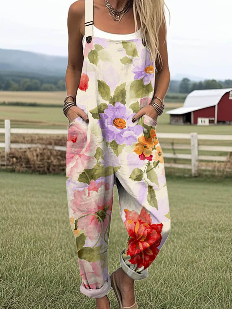 Women's Lovely Floral Pattern Art Print Casual 100% Cotton Wide Leg Jumpsuit