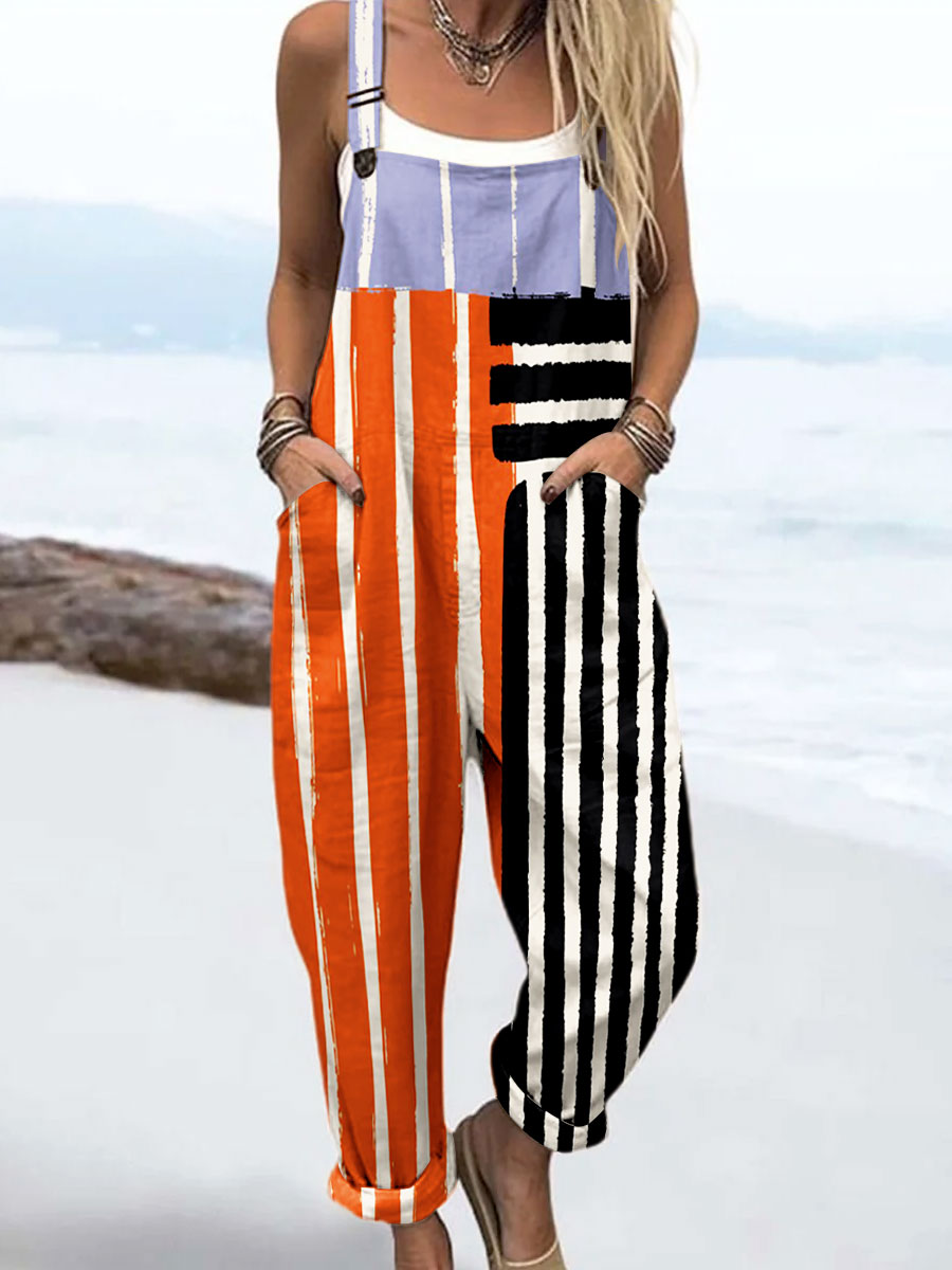 Women's Vintage Abstract Geometric Line Art Print Casual 100% Cotton Wide Leg Jumpsuit