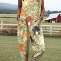 Women's Funny Dogs Floral Pattern Art Print Casual 100% Cotton Wide Leg Jumpsuit