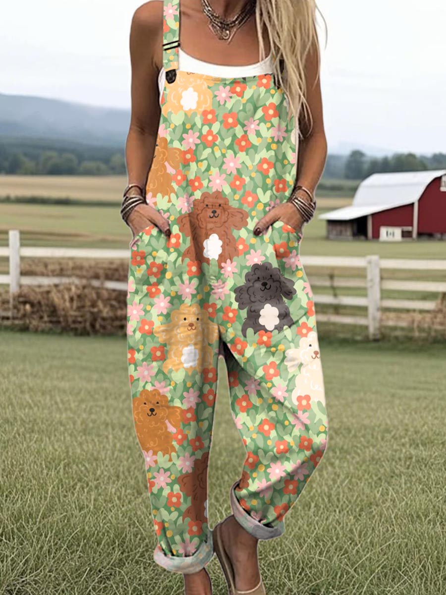 Women's Funny Dogs Floral Pattern Art Print Casual 100% Cotton Wide Leg Jumpsuit