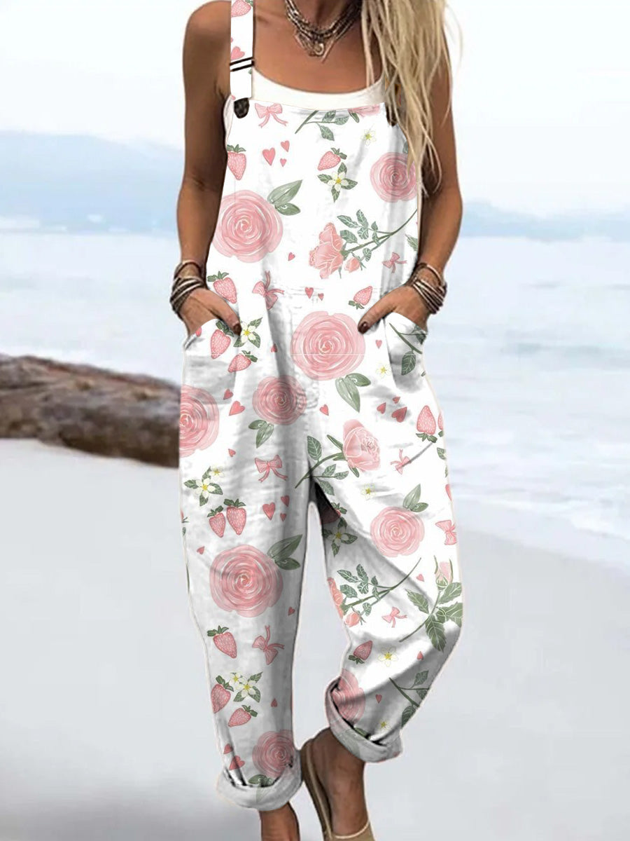 Women's Retro Art Flowers Print Casual 100% Cotton Wide Leg Jumpsuit