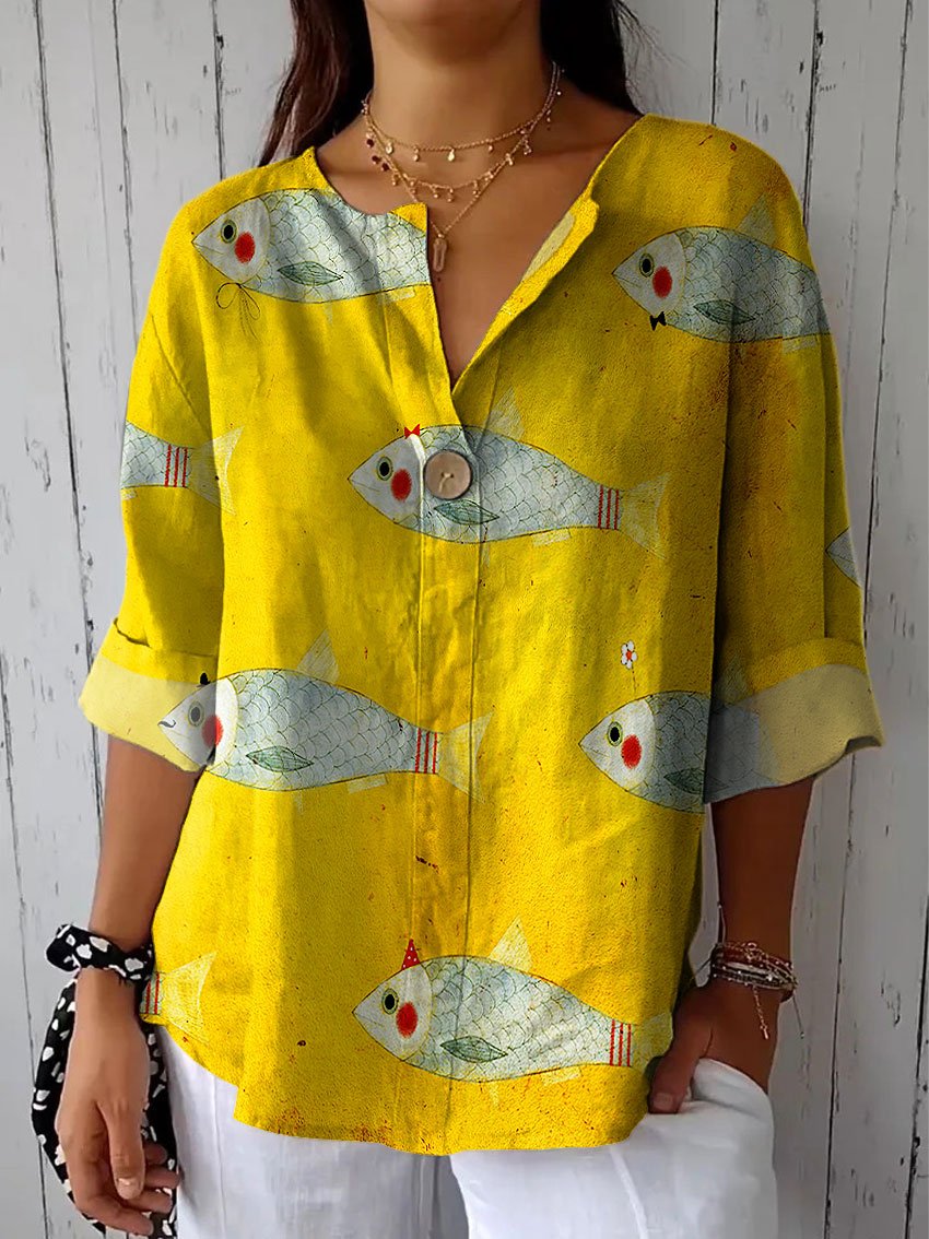 Women's Vintage Fish Art Print Casual Cotton Linen Shirt