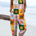 Women's Fashion Color Block Floral Art Print Casual 100% Cotton Wide Leg Jumpsuit