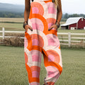 Women's Fashion Colorblock Art Print Casual 100% Cotton Wide Leg Jumpsuit