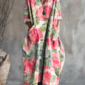 Women's Vintage Floral Art Pattern Print Pocket V-neck Cotton Dress