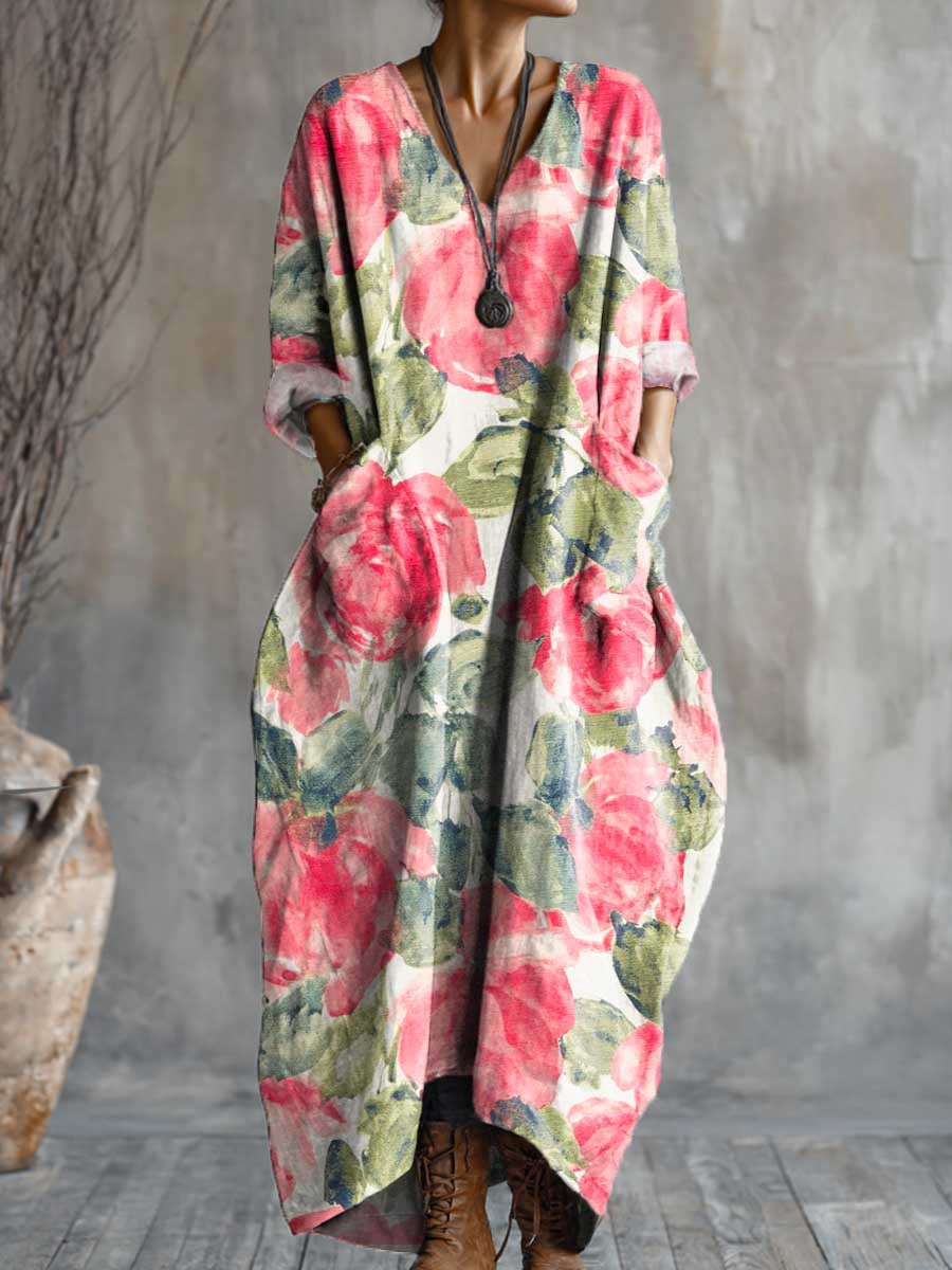 Women's Vintage Floral Art Pattern Print Pocket V-neck Cotton Dress