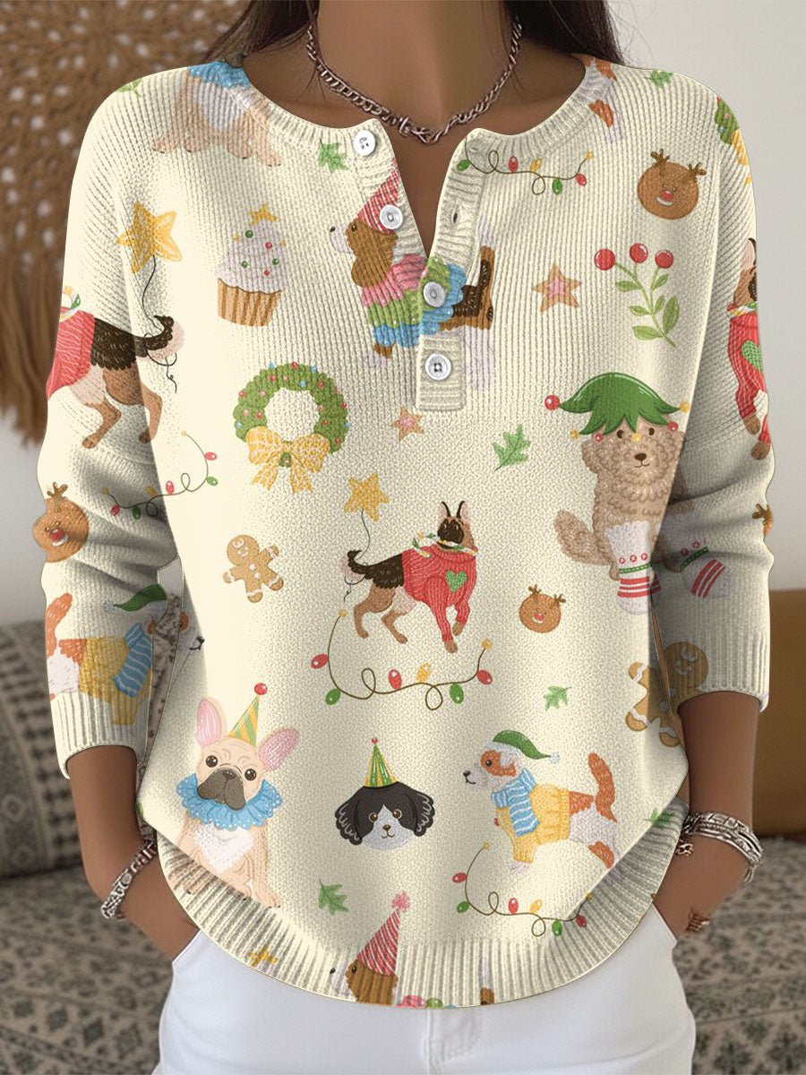 Christmas Animal Dog Pattern Art Print Buttoned Cardigan Sweater