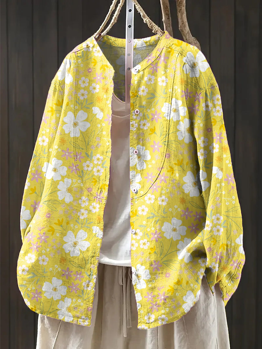 Women's Cute Floral Painting Art Print Casual Cotton And Linen Shirt