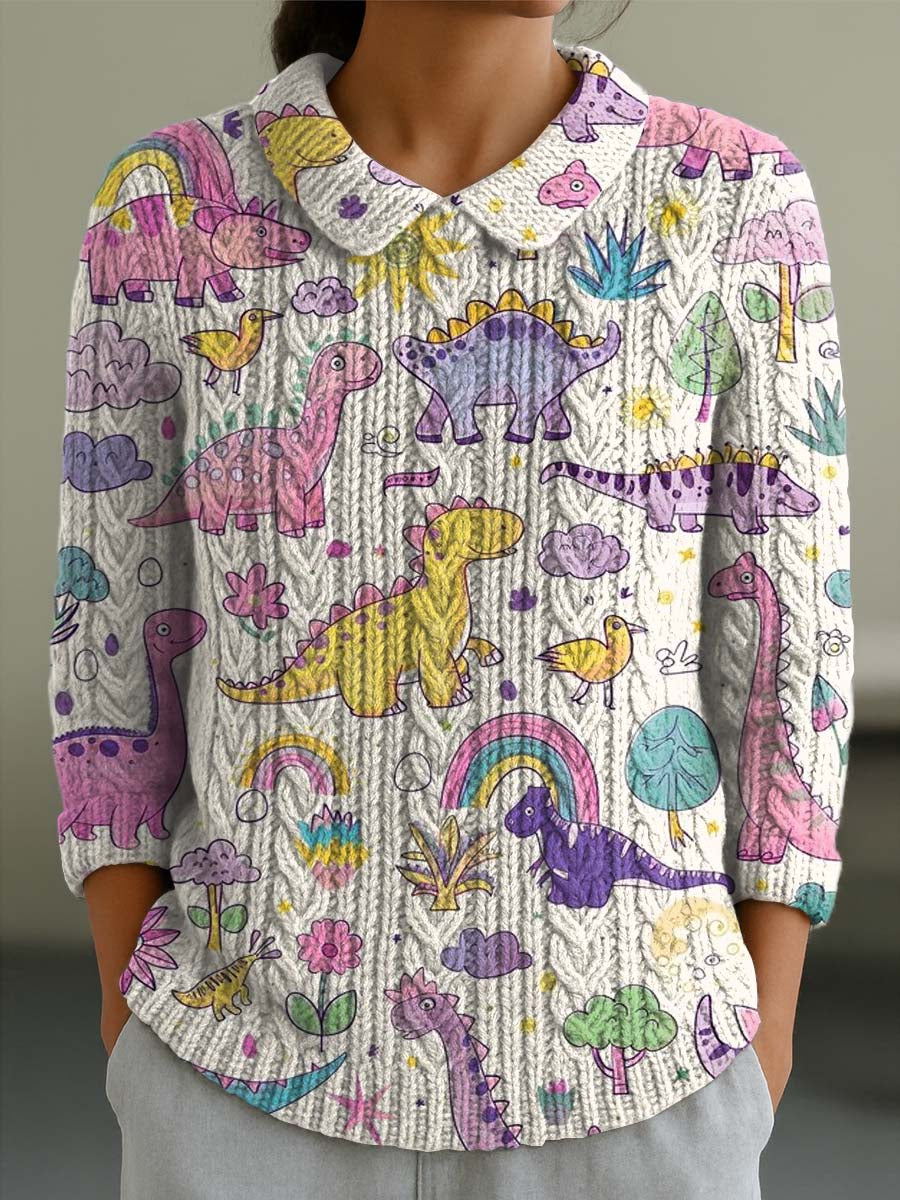womens-lovely-dinosaur-art-print-casual-peter-pan-collar-3-4-sleeve-sweater