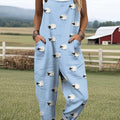 Women's Lovely Sheep Art Print Casual 100% Cotton Wide Leg Jumpsuit