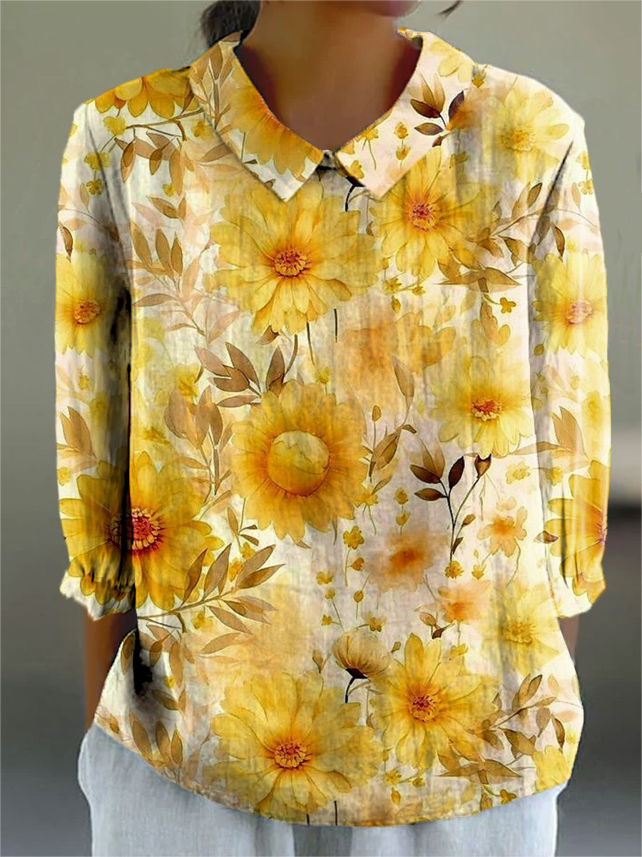 Women's Flower Colors Floral Pattern Print Casual Cotton And Linen 3/4 Sleeve Shirt