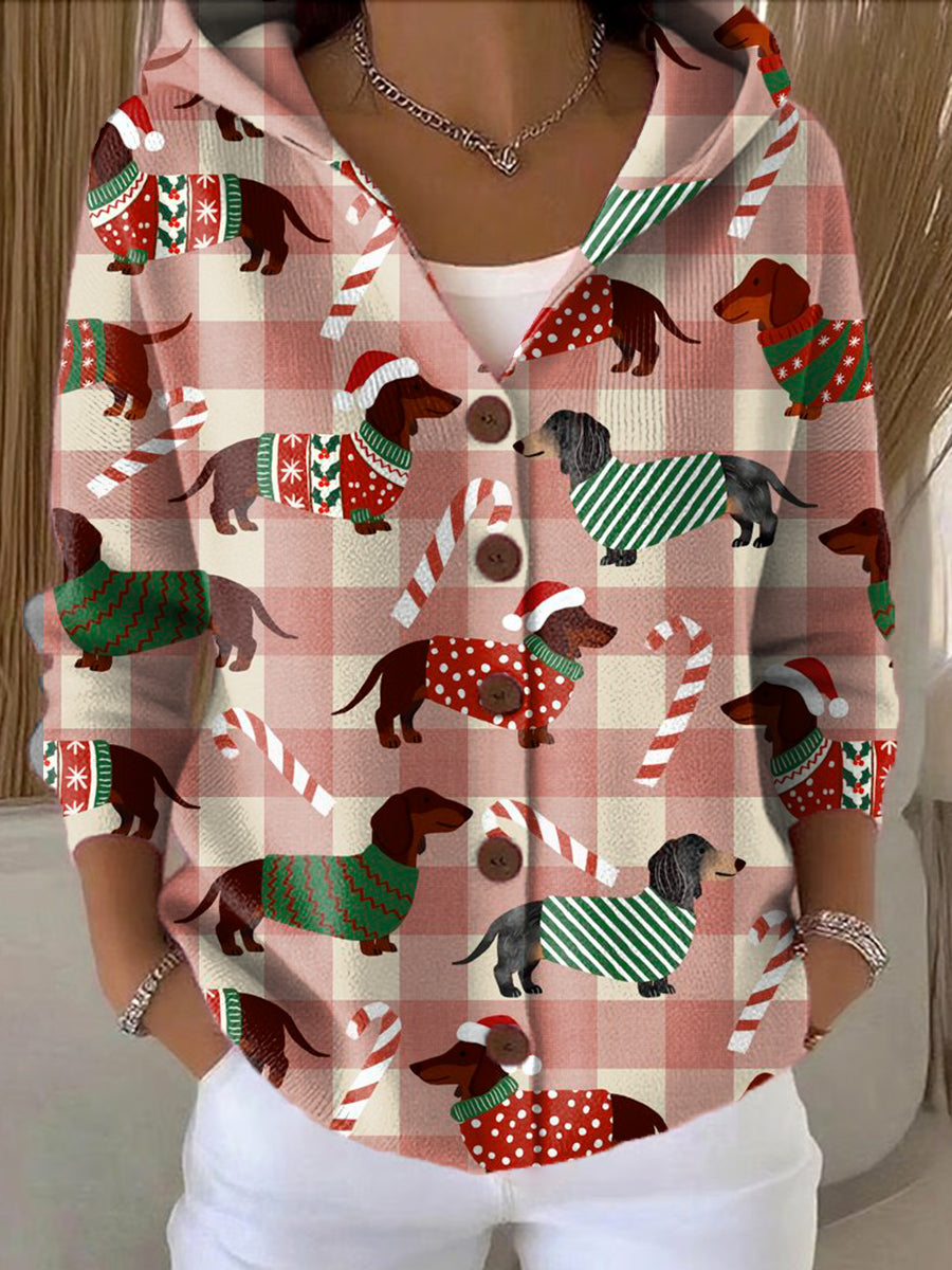 Women's Beautiful And Colorful Winter Dog Painting Art Print Casual Hooded Button Sweater