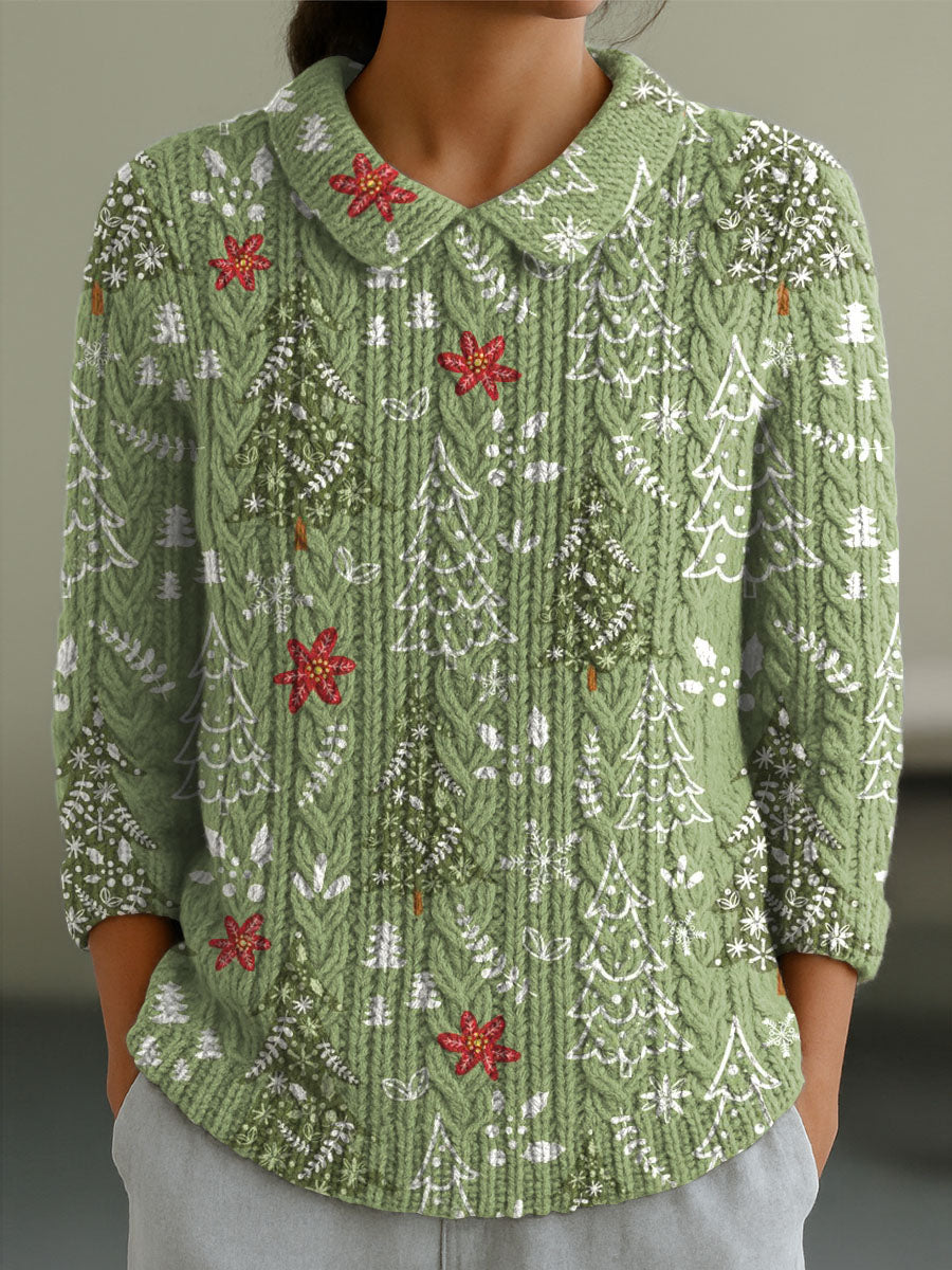 Women's Christmas Tree Art Print Casual Peter Pan Collar 3/4 Sleeve Sweater