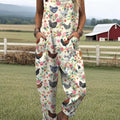 Women's Lovely Chicken Floral Art Print Casual 100% Cotton Wide Leg Jumpsuit