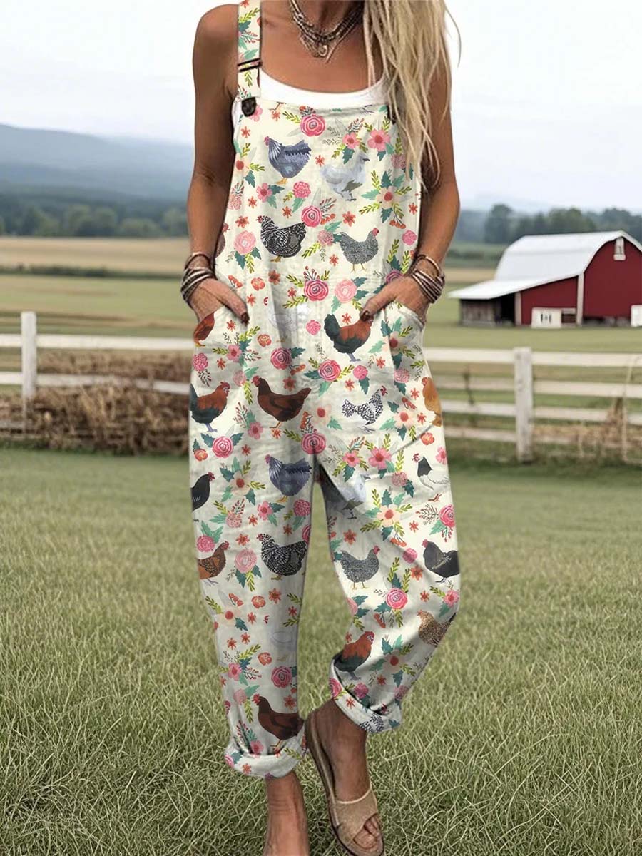 Women's Lovely Chicken Floral Art Print Casual 100% Cotton Wide Leg Jumpsuit