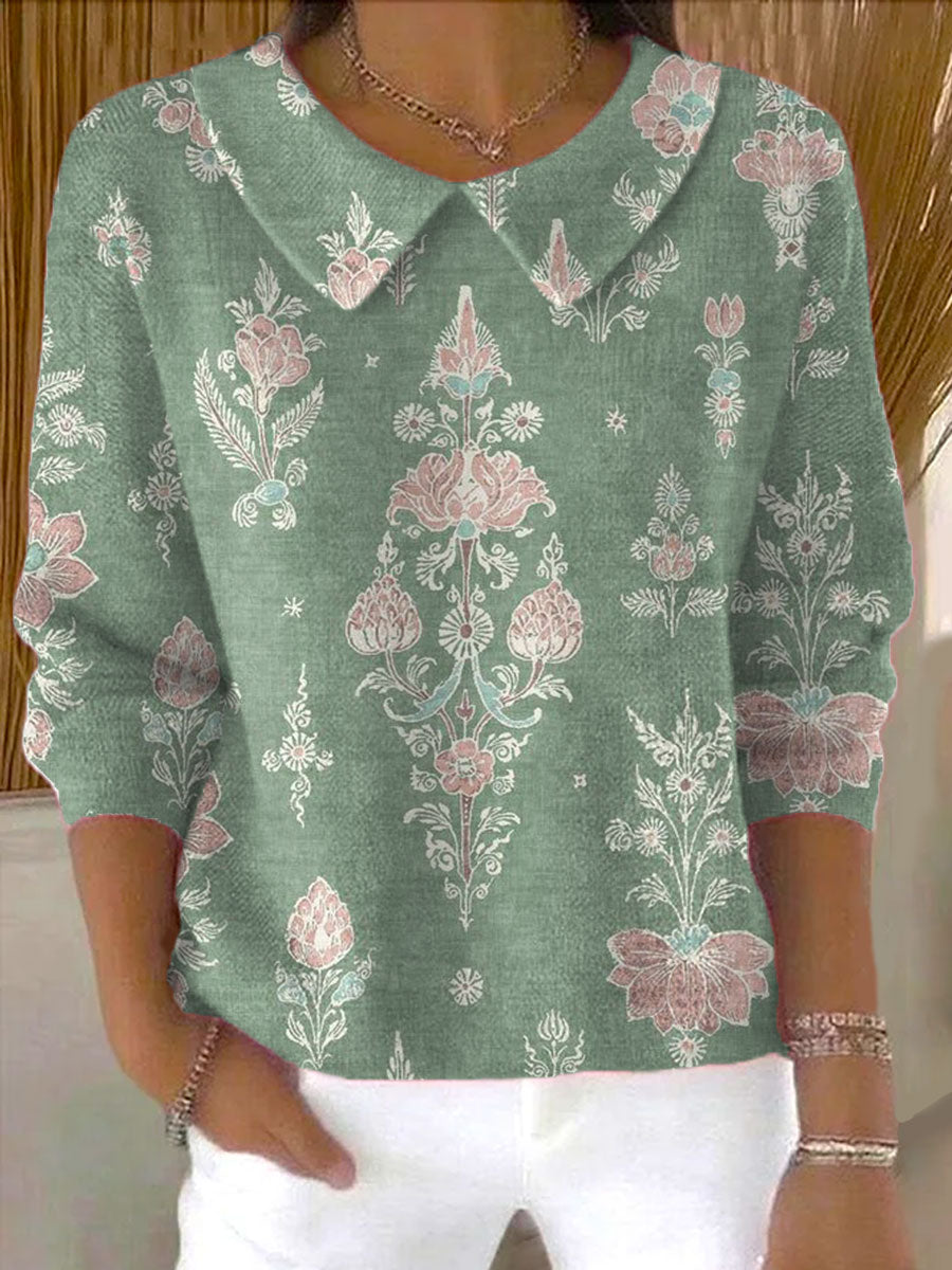 womens-vintage-flower-art-print-casual-peter-pan-collar-3-4-sleeve-sweater-o376
