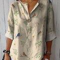 Women's Boughs And Robin Birds Pattern Printed Women's Casual Cotton Linen Shirt