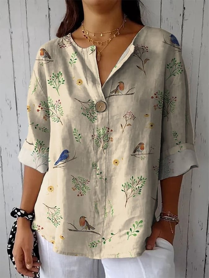 Women's Boughs And Robin Birds Pattern Printed Women's Casual Cotton Linen Shirt